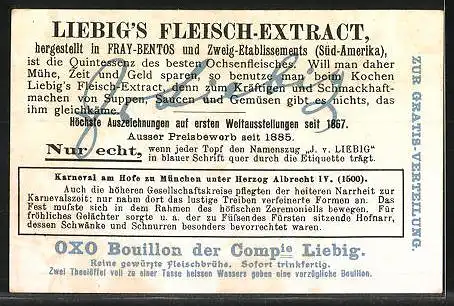 Sammelbild Liebig, München, Karnevalsbilder verschiedener Zeiten, Karneval am Hofe unter Herzog Albrecht d. IV. 1500