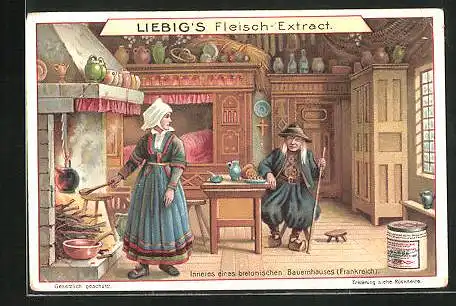 Sammelbild Liebig, Liebig`s Fleisch-Extract, Frankreich, Inneres eines bretonischen Bauernhauses