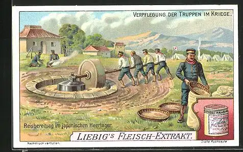 Sammelbild Liebig, Liebigs Fleisch-Extract, Verpflegung der Truppen im Kriege, Reisbereitung im japanischen Heerlager