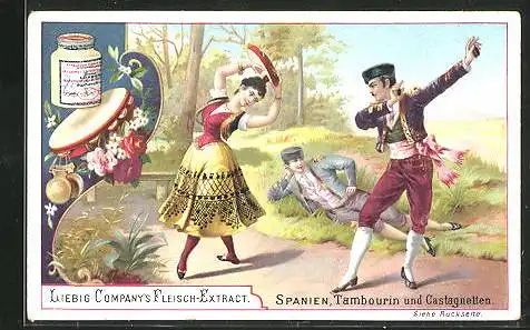 Sammelbild Liebig, Liebig Company`s Fleisch-Extract, Spanien, Tambourin und Castagnetten