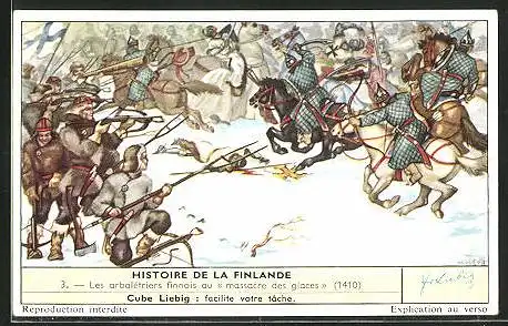 Sammelbild Liebig, Histoire du Finlande, 3. Les arbalétriers finnois au massacre