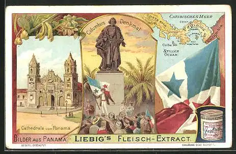 Sammelbild Liebig, Bilder aus Panama, Columbus-Denkmal, Cathedrale, Landkarte