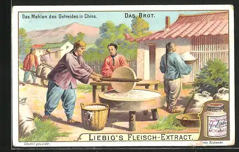 Sammelbild Liebig, Das Brot, Mahlen des Getreides in China