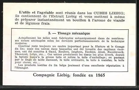 Sammelbild Liebig, Industrie du Lin en Belgique, 5. Tissage Mécanique