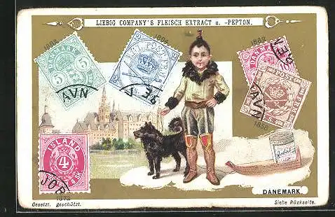 Sammelbild Liebig, Dänemark, Briefmarken, Bub mit Hund