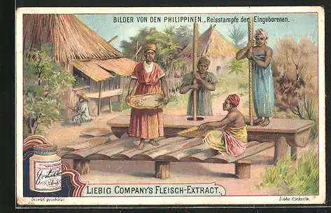 Sammelbild Liebig, Bilder von den Philippinen, Reisstampfe der Eingeborenen
