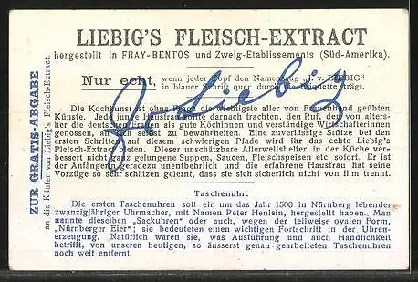 Sammelbild Liebig, Nürnberger Patrizier mit Frau (Mittelalter), Taschen-Uhr (Nürnberger Ei)