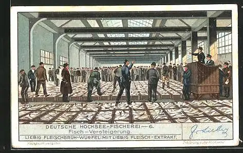 Sammelbild Liebig, Deutsche Hochsee-Fischerei, 6. Fisch-Versteigerung