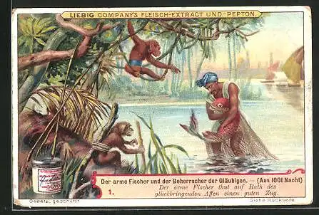 Sammelbild Liebig, Aus 1001 Nacht, Der arme Fischer und der Beherrscher der Gläubigen