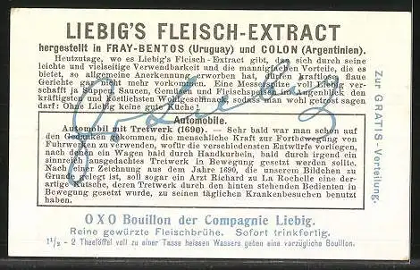 Sammelbild Liebig, Liebig`s Fleisch-Extract, Automobile, Automobil mit Tretwerk 1690