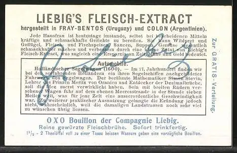 Sammelbild Liebig, Liebig`s Fleisch-Extract, Automobile, Holländischer Segelwagen 1600