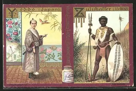 Sammelbild Liebig, Liebig Company`s Fleisch-Extract, Yeddo Japan mit Schert, Zulukaffer Afrika mit Speer und Schild