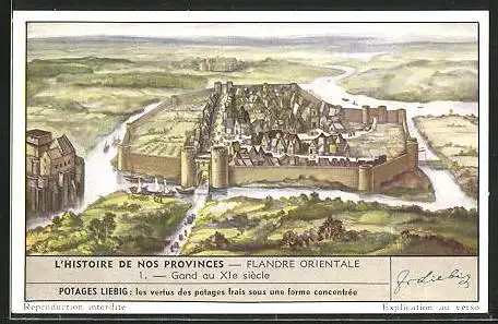 Sammelbild Liebig, L`Histoire de nos Provinces, Gand, Flandre Orientale, Panorama au XIe siècle