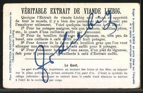 Sammelbild Liebig, Véritable Extrait de Viande Liebig, Le Gant, Le gant d`or