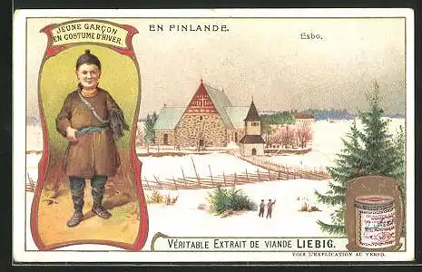 Sammelbild Liebig, Esbo, Panorama, Jeune Garcon en Costume d`Hiver