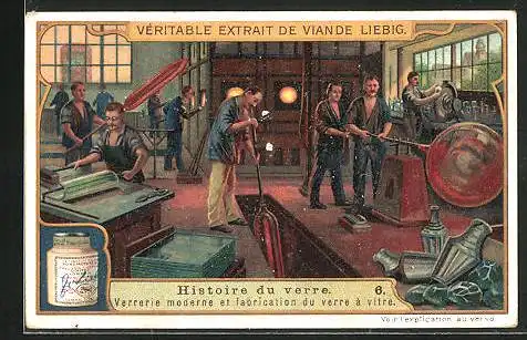 Sammelbild Liebig, Histoire du verre, Verrerie moderne et fabrication du verre à vitre