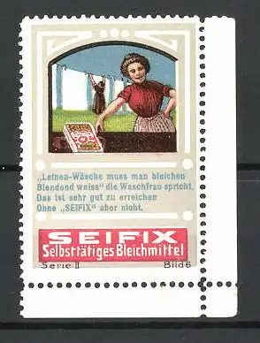 Reklamemarke Bleifix selbsttätiges Bleichmittel, Serie II, Bild 6, Hausfrau an der Wäscheleine