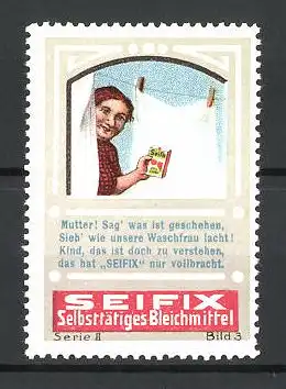 Reklamemarke Bleifix selbsttätiges Bleichmittel, Serie II, Bild 3, Hausfrau mit Schachtel an der Wäscheleine
