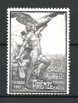 Reklamemarke Firenze, Circuito Aereo Campo di Marte 1911, nackter Mann mit Propeller und Adler