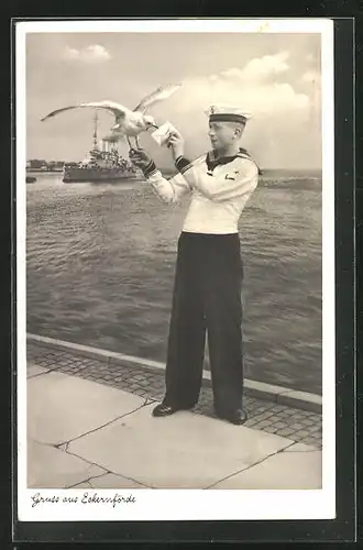 AK Eckernförde, Matrose der Kriegsmarine mit Möwe als Brieftaube