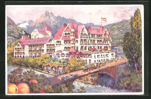 AK Landeck, Hotel Post mit Brücke und Flusspartie