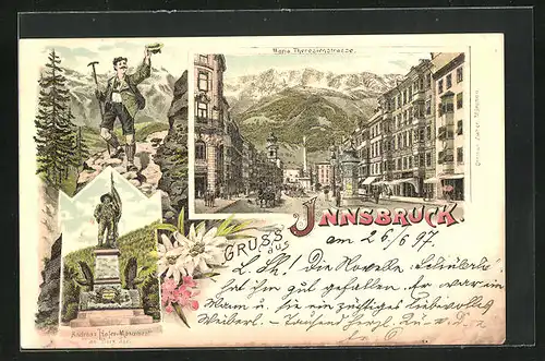 Lithographie Innsbruck, Maria-Theresienstrasse mit Kirchturm und Andeas Hofer Monument