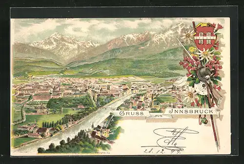 Lithographie Innsbruck, Totalansicht mit Flusspartie und Alpenblick