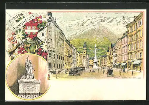Lithographie Innsbruck, Maria-Theresienstrasse mit Kirchturm und Andeas Hofer Monument