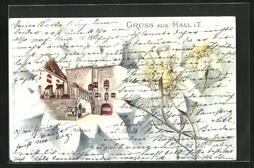 Passepartout-Lithographie Hall, Rathaus mit Blumen
