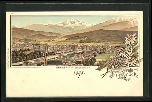 Lithographie Innsbruck, Totalansicht mit Flusspartie und Alpenlandschaft