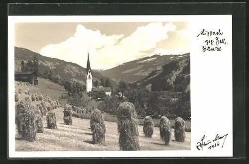 AK Hippach /Zillertal, Feld mit Blick auf die Kirche