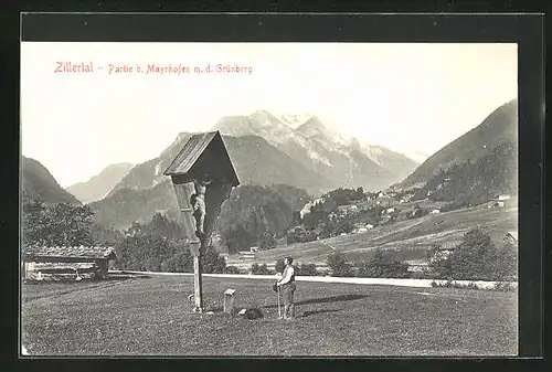 AK Mayrhofen /Zillertal, Wegkreuz gegen Grünberg