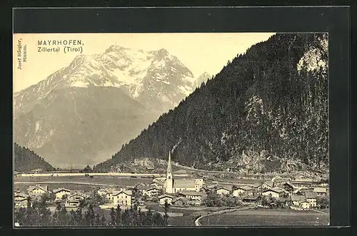 AK Mayrhofen /Zillertal, Blick auf den Ort vorm Berghang