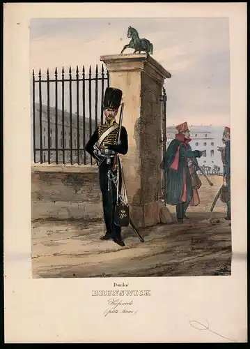 Lithographie Duché Brunswick, Hussards, petite tenue, altkoloriert, montiert, aus Eckert & Monten um 1840 Vorzugsausgabe