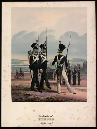 Lithographie Landgrafschaft Hessen, Infanterie, altkoloriert, montiert, aus Eckert & Monten um 1840 Vorzugsausgabe