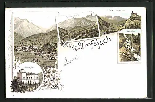Lithographie Trofajach, Schloss Mell, Wasserfall, Krumpen Graben