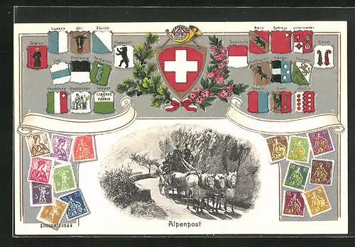 Passepartout-Lithographie Wappen der Schweizer Kantone, Postkutsche auf einer Alpenstrasse