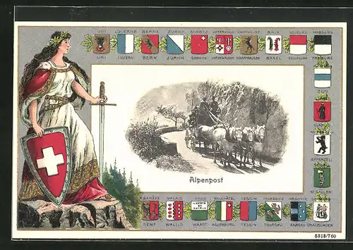 Passepartout-Lithographie Helvetia, Strassenpartie, Wappen der Schweizer Kantone, Postkutsche
