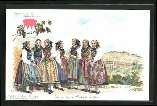 Lithographie Damen in Bayerischen Volkstrachten, Wappen von Aschaffenburg