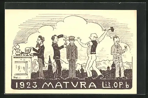 Künstler-AK Absolvia, Matrua 1923, Wissenschaftler bei der Arbeit