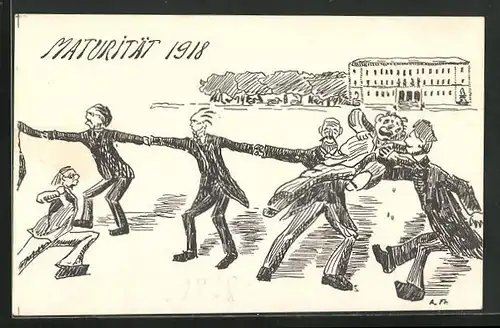 Künstler-AK Absolvia, Maturität 1918 Hand in Hand durchgestanden