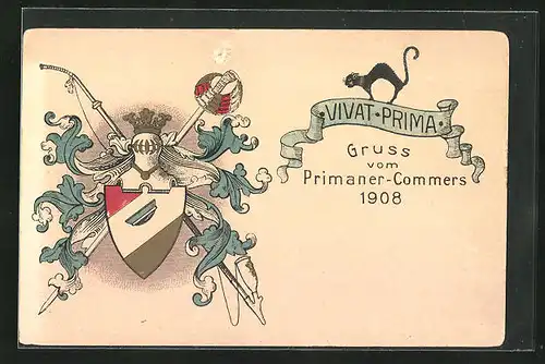 Künstler-AK Vivat Prima, Gruss vom Primaner-Commers 1908, Studentenwappen