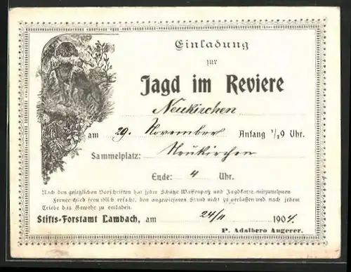AK Lambach, Einladung zur Jagd im Reviere 1904, Jagdhund apportiert einen Hasen