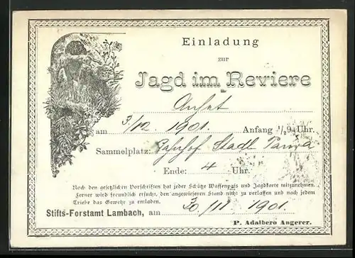 AK Lambach, Einladung zur Jagd im Reviere 1901, Jagdhund apportiert einen Hasen