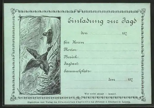 Künstler-AK Einladung zur Jagd, auffliegende Enten, sehr früher Druck