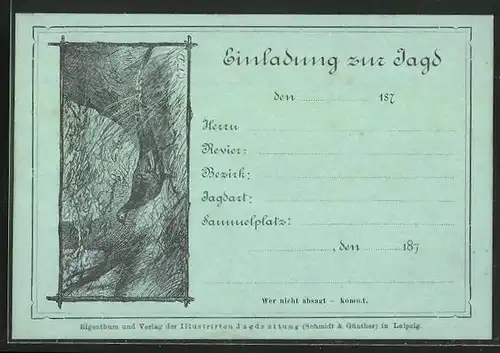 Künstler-AK Einladung zur Jagd, Fasan im Unterholz, sehr früher Druck
