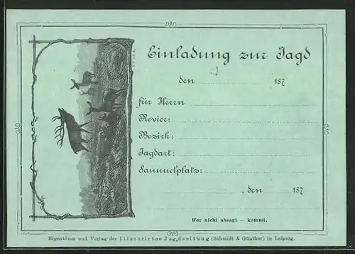 Künstler-AK Einladung zur Jagd, röhrender Hirsch, sehr früher Druck