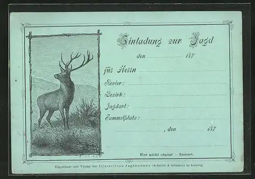 Künstler-AK Einladung zur Jagd, kapitaler Hirsch, sehr früher Druck