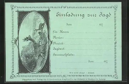 Künstler-AK Einladung zur Jagd, Rehbock und Rehe am Waldrand, sehr früher Druck