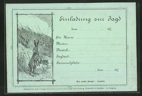 Künstler-AK Einladung zur Jagd, Hase macht Männchen, sehr früher Druck